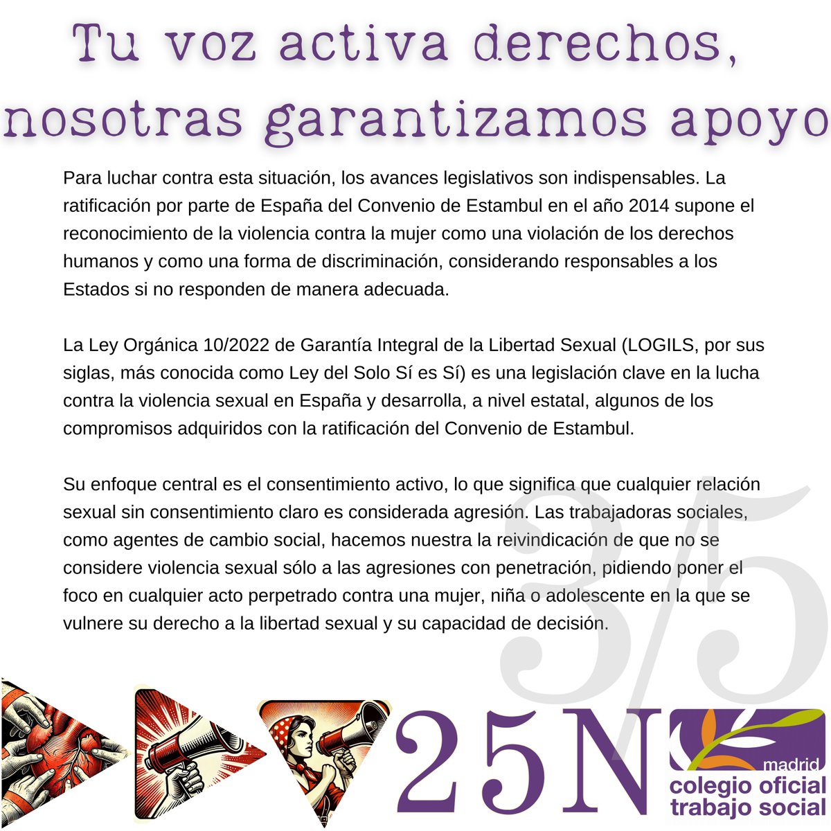 #TS25N | Una de cada dos mujeres en España ha sufrido violencia por ser mujer. Desde el COTS Madrid nos sumamos a la lucha para eliminar todas las formas de violencia sexual. 

#tuvoznuestroapoyo #25N