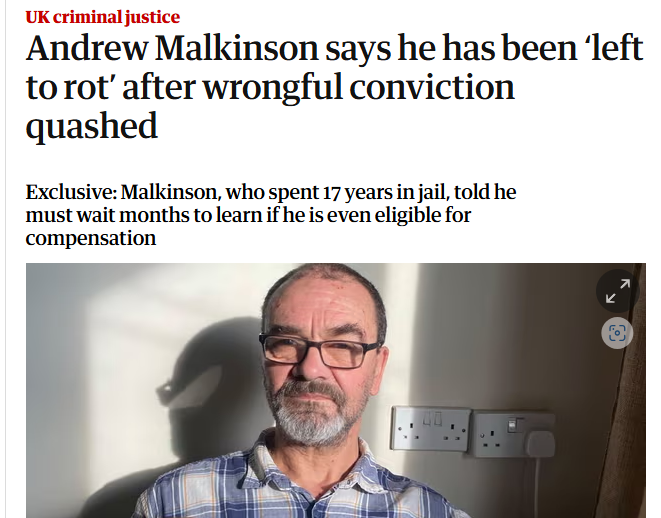 paullewismoney's tweet photo. Sixteen months after he was cleared of a 2003 rape for which he spent 17 years in jail Andrew Malkinson still hasn't not been compensated https://t.co/ZTLOznoJAg https://t.co/ZZz0bXVS8T