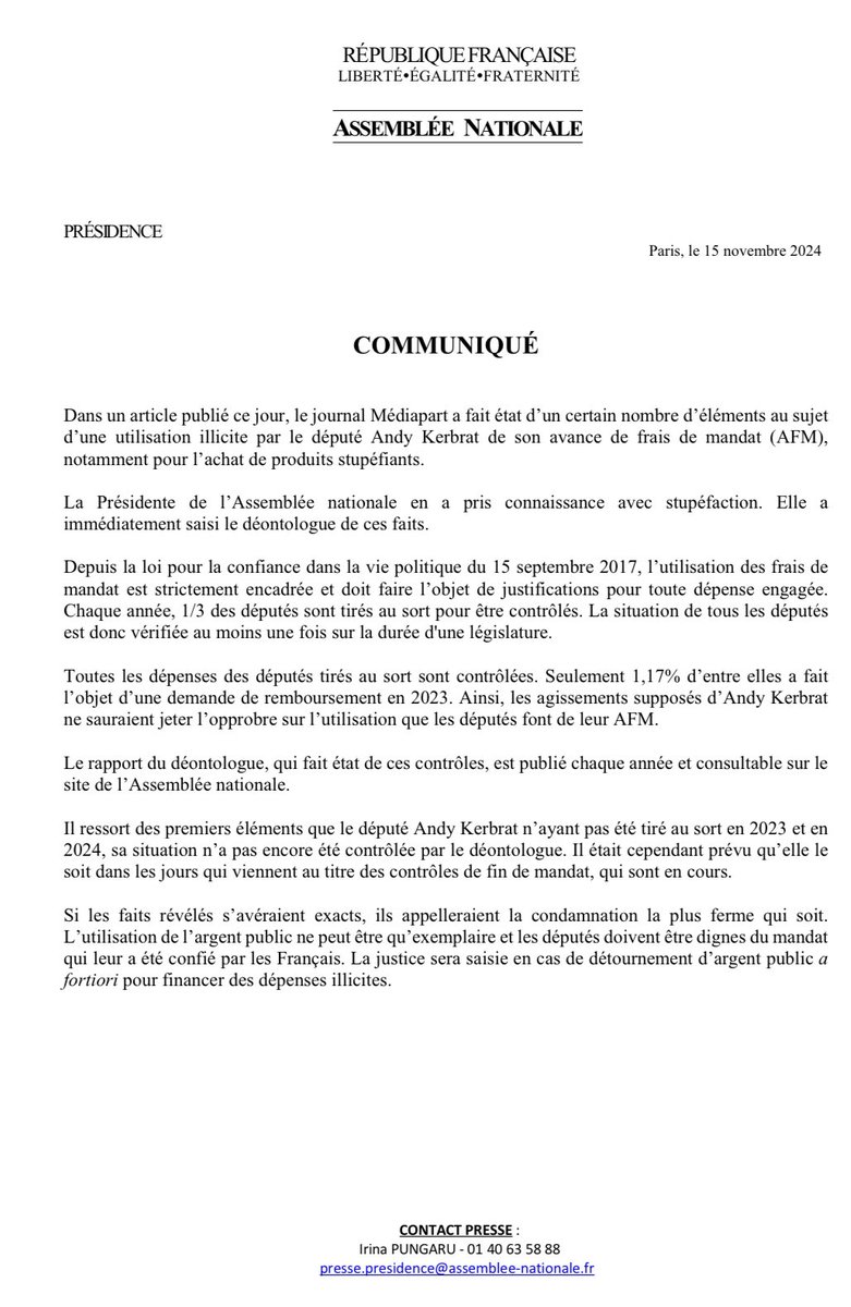 YaelBRAUNPIVET's tweet photo. Être député, c'est avoir un devoir d'exemplarité. Les faits relatés par Médiapart concernant le député Andy Kerbrat sont d'une extrême gravité. J'ai saisi le déontologue pour qu'il procède sans délai à un contrôle de ses dépenses. Si les faits sont avérés, je saisirai la justice. https://t.co/Vxo45KDWtb