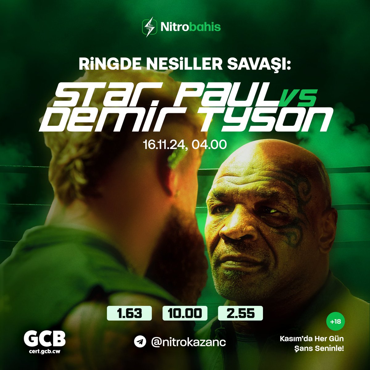 🌃BU GECE,
🥊RİNGDE,
✨NESİLLERİN SAVAŞI!

Jake Paul 🆚 Mike Tyson

👀Dört gözle beklenen karşılaşmanın kazananı hangi isim olacak?

✅En iyi oranlar, en iyilerin adresinde: ws.tc/Nitrobahis