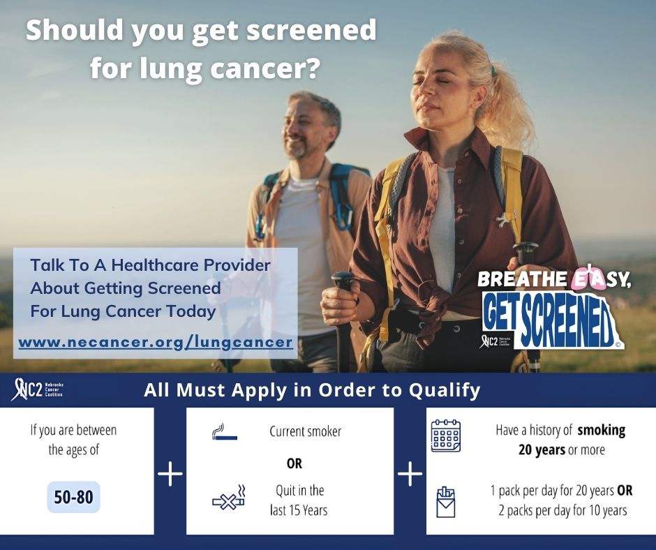 Lung Cancer Screening Information🩺

Should you get a lung cancer screening? Check out NC2’s infographic which outlines the essential guidelines you need to know.

Visit necancer.org/lungcancer for more information.

#BreatheEasyNE #LungCancerScreening  #NebraskaCancerCoalition