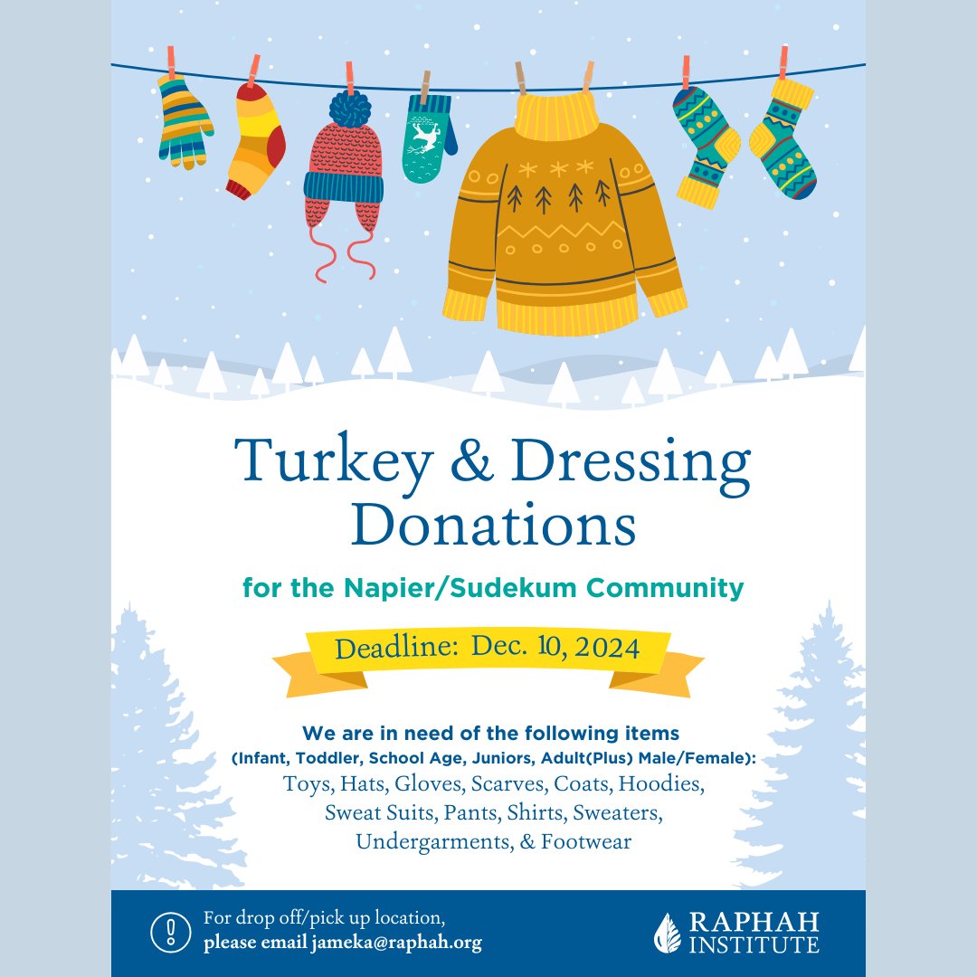 RaphahInstitute's tweet photo. Want to participate in our 3rd Annual Turkey and Dressing Giveaway on Dec. 14, 12 PM-3 PM? 
 Turkeys, winter clothing &amp; community love! Donate items by Dec. 10 or email jameka@raphah.org to help. #HolidayGiving #WarmForWinter #JusticeIsHealing #SpreadtheLove https://t.co/YS3ftlEgeF