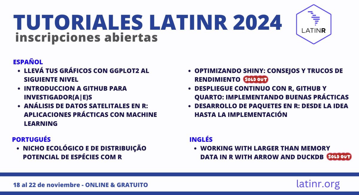 El lunes 18/11 arranca <a href="/LatinR_Conf/">LatinR</a> !
Lunes y Martes tenemos tutoriales, aún quedan cupos para algunos de los tutoriales. Reserva tu lugar en: latinr.org/cronograma/tut… #LatinR2024
