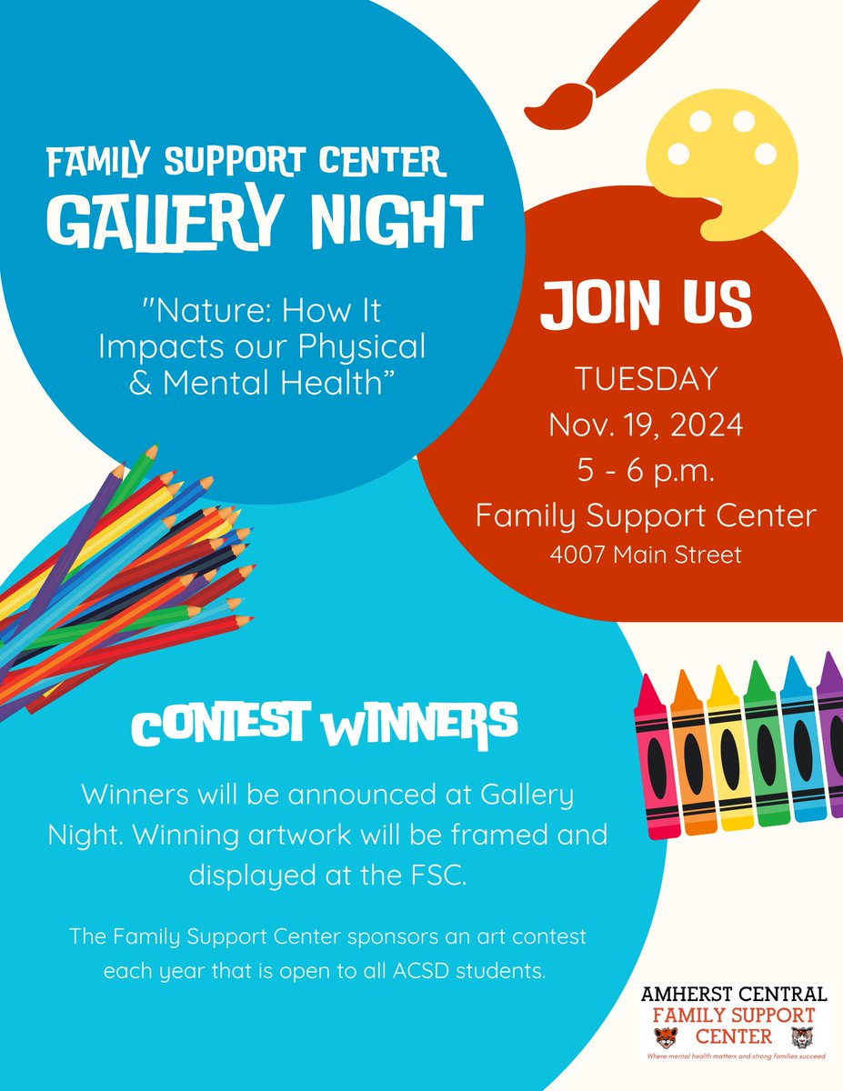 Gallery Night for the Family Support Center art contest is this Tuesday night, Nov. 19, from 5-6 p.m. at the FSC. You are invited to see all of the art submissions and be there when the winners are announced!