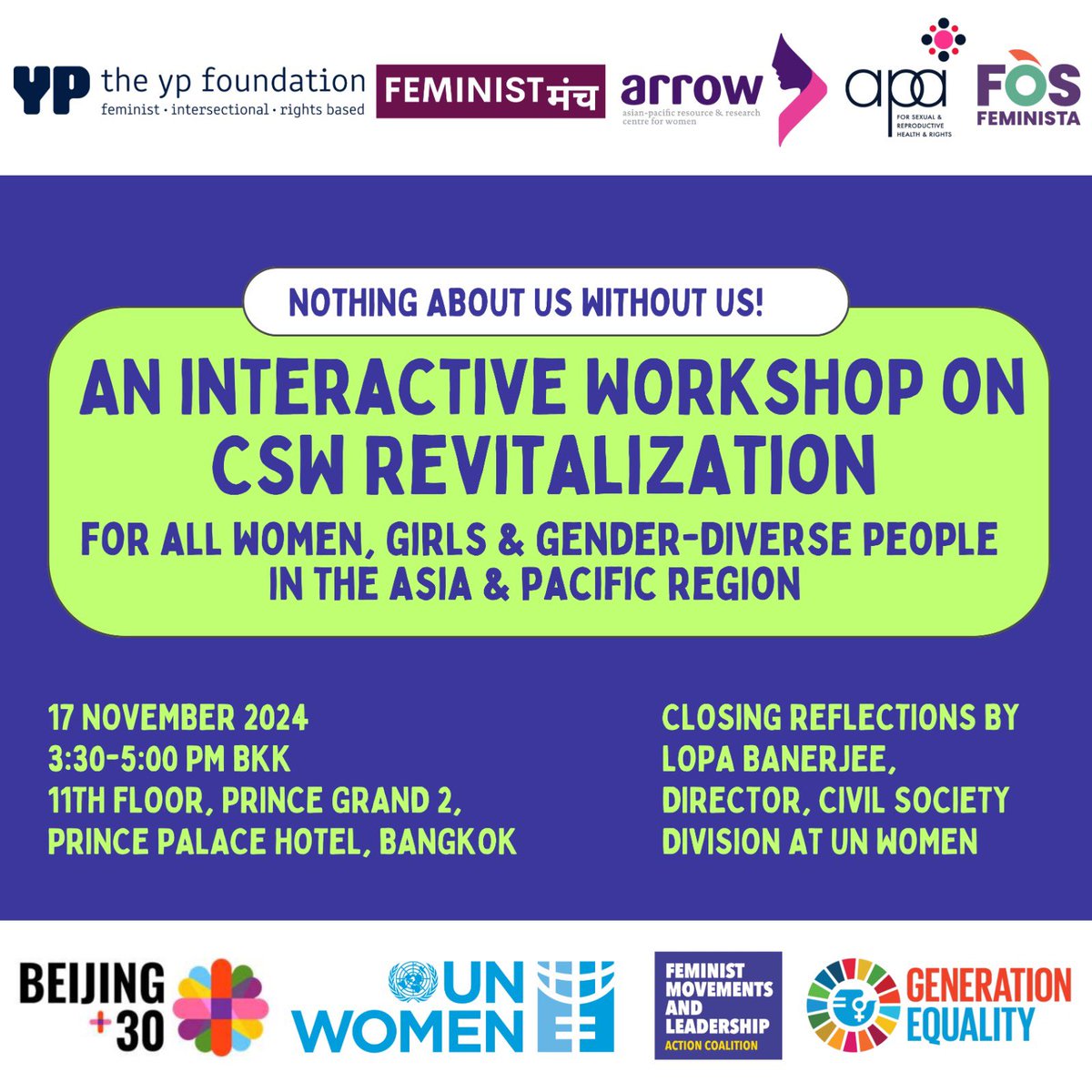 Join us! Revitalizing CSW for all women, girls &amp; gender-diverse people, in the context of growing inequalities, shrinking civic spaces, encroachment of anti-rights, anti-gender &amp; corporate actors in intergovernmental processes &amp; resourcing shifts from global political trends.