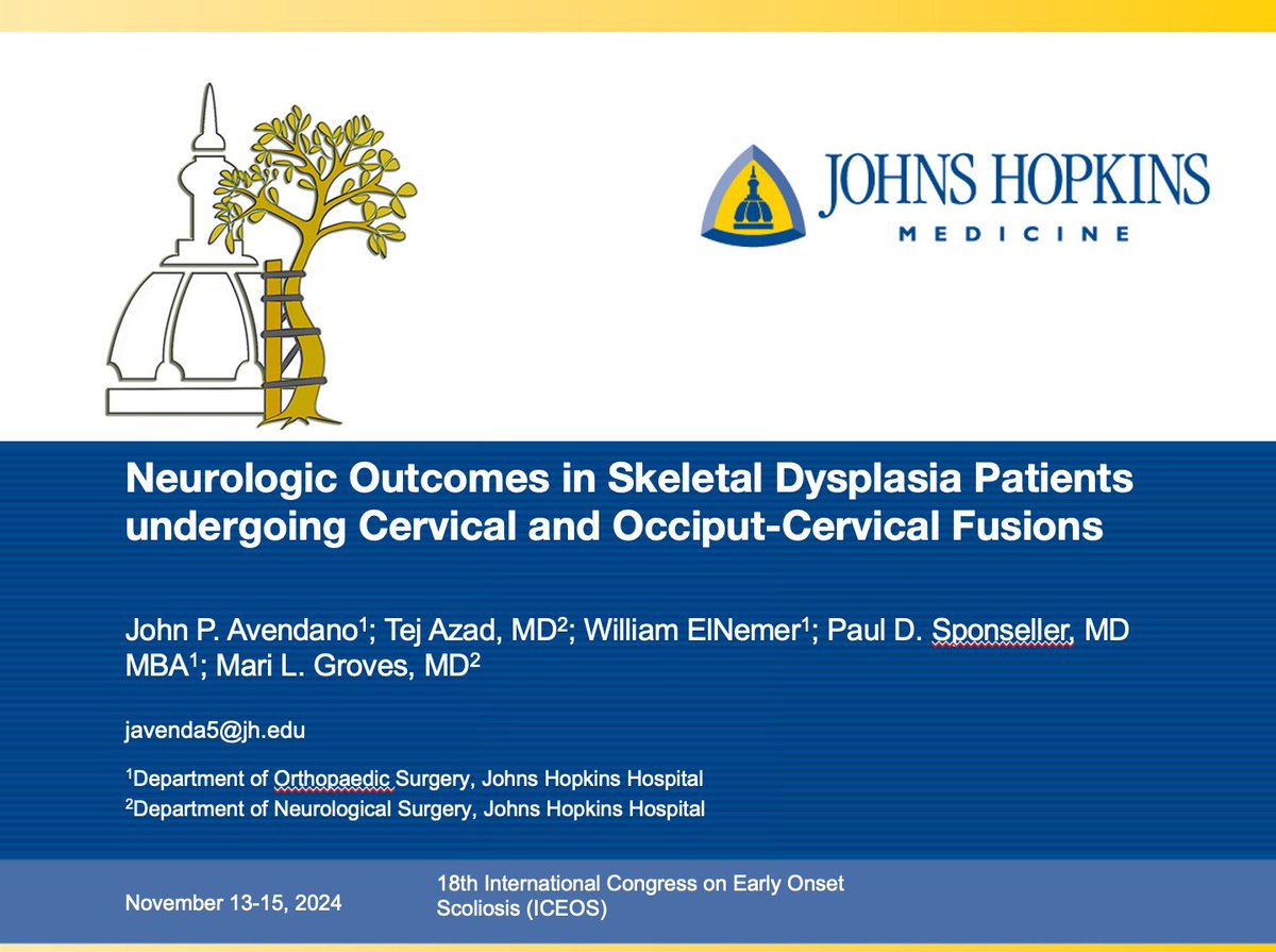 JohnPAvendano1's tweet image. Such a humbling experience to speak alongside so many legends in the field of pediatric spinal deformity at the 18th Annual #ICEOS. Happy to present some of our team’s findings— thanks to Dr. Sponseller, Dr. Groves, and @tdazad for the guidance! @HopkinsOrtho @HopkinsNsurg