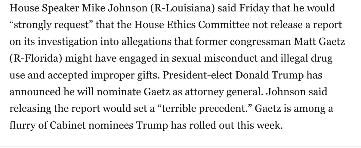 House Speaker says it would be a "terrible precedent" for the government to release a tax-payer funded report into the ethics of a future Attorney General.