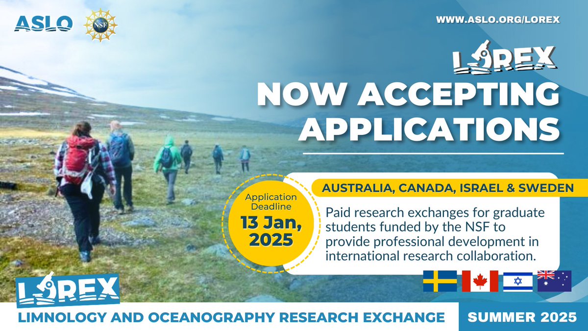 Exciting news! ASLO is now accepting applications for the LOREX Program! The Limnology and Oceanography Research Exchange offers paid research training for graduate students to collaborate on #aquaticscience in Australia, Canada, Israel, and Sweden. 
Apply now for summer 2025 🇦🇺