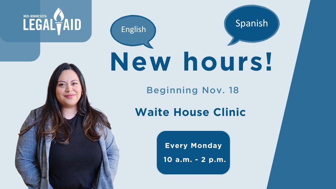 legal_aid_MN's tweet photo. New Legal Aid hours at Waite House! Starting next week, Staff Attorney Sharon Morales will be on site every Monday (instead of two Mondays a month) and we're extending our hours 10 a.m. - 2 p.m. (adding an hour). #LegalAid #CommunityClinics https://t.co/dxNEtZdvIi
