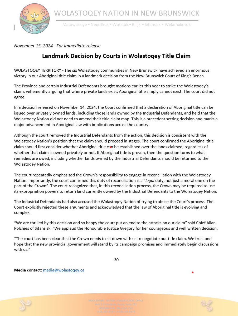 A MASSIVE victory for the Wolastoqey Nation’s Aboriginal title claim. A precedent setting decision confirming that Aboriginal title can issue over privately held land. I was honoured to work on this for the Wolastoqey, along with my incredible team <a href="/oktlaw/">oktlaw</a>. 🪶 #LandBack