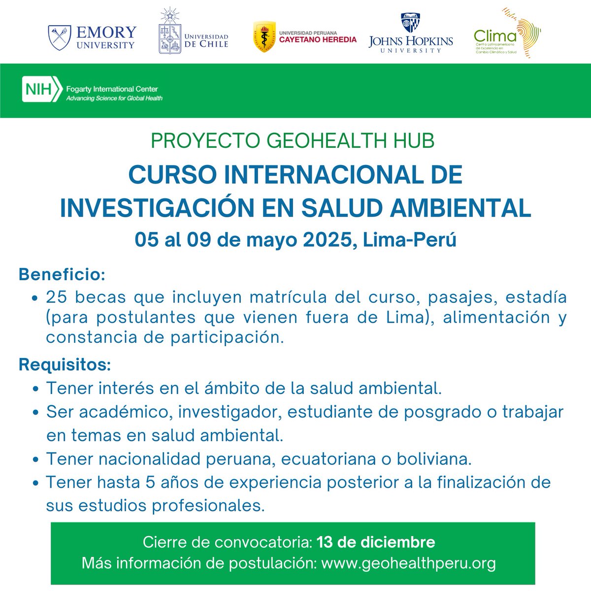 ClimaUpch's tweet photo. 📢 #GEOHealth anuncia 25 becas para el Curso Internacional 2025 de #SaludAmbiental en Lima 🇵🇪.

Aprende sobre:
📍 Diseños de estudios en epidemiología ambiental
📍Medición y efectos de exposiciones ambientales
📍Análisis de datos epidemiológicos

Más info👉https://t.co/QCqK74e7Aj https://t.co/YR76P20JSP