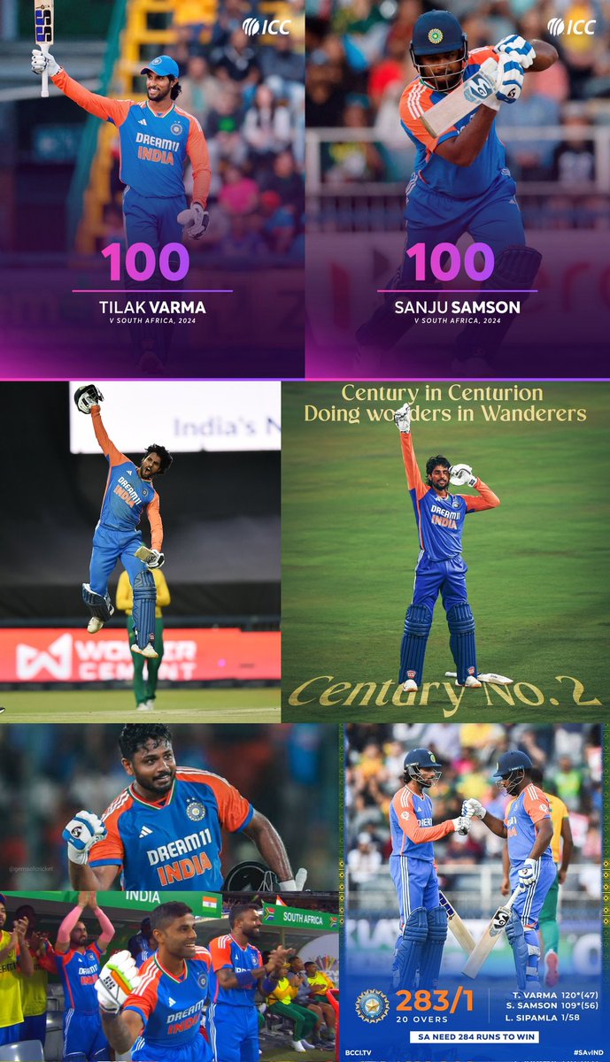 Sanjuu💯💯...Tilakkk💯💯... 
BIG HITTING FROM, BIG PLAYERS... 210* PARTNERSHIP
IT IS  THE HIGHEST  FOR TEAM INDIA. 
TWO💯💯 IN ONE FRAME , 
IT ALSO FIRST TIME IN T20I FOR INDIA🇮🇳. 
#INDvSA
#SanjuSamson
#tilakverma