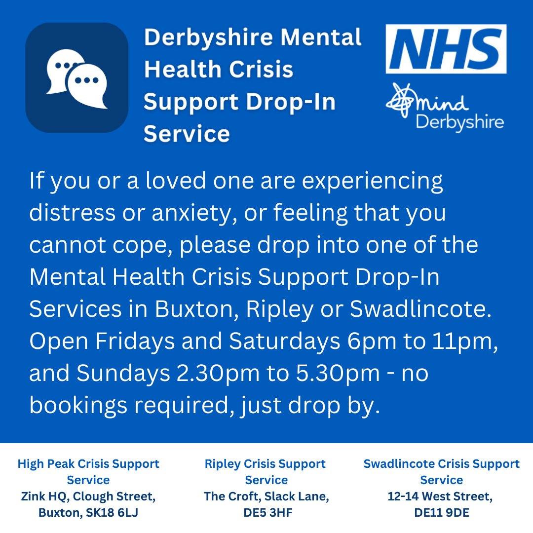 If you or someone you care for needs urgent mental health crisis support, there are a range of options available, including our Crisis Support Drop-in Services.

You can find full details about the various locations and opening times on our website. 

derbyshiremind.org.uk/.../crisis-sup…