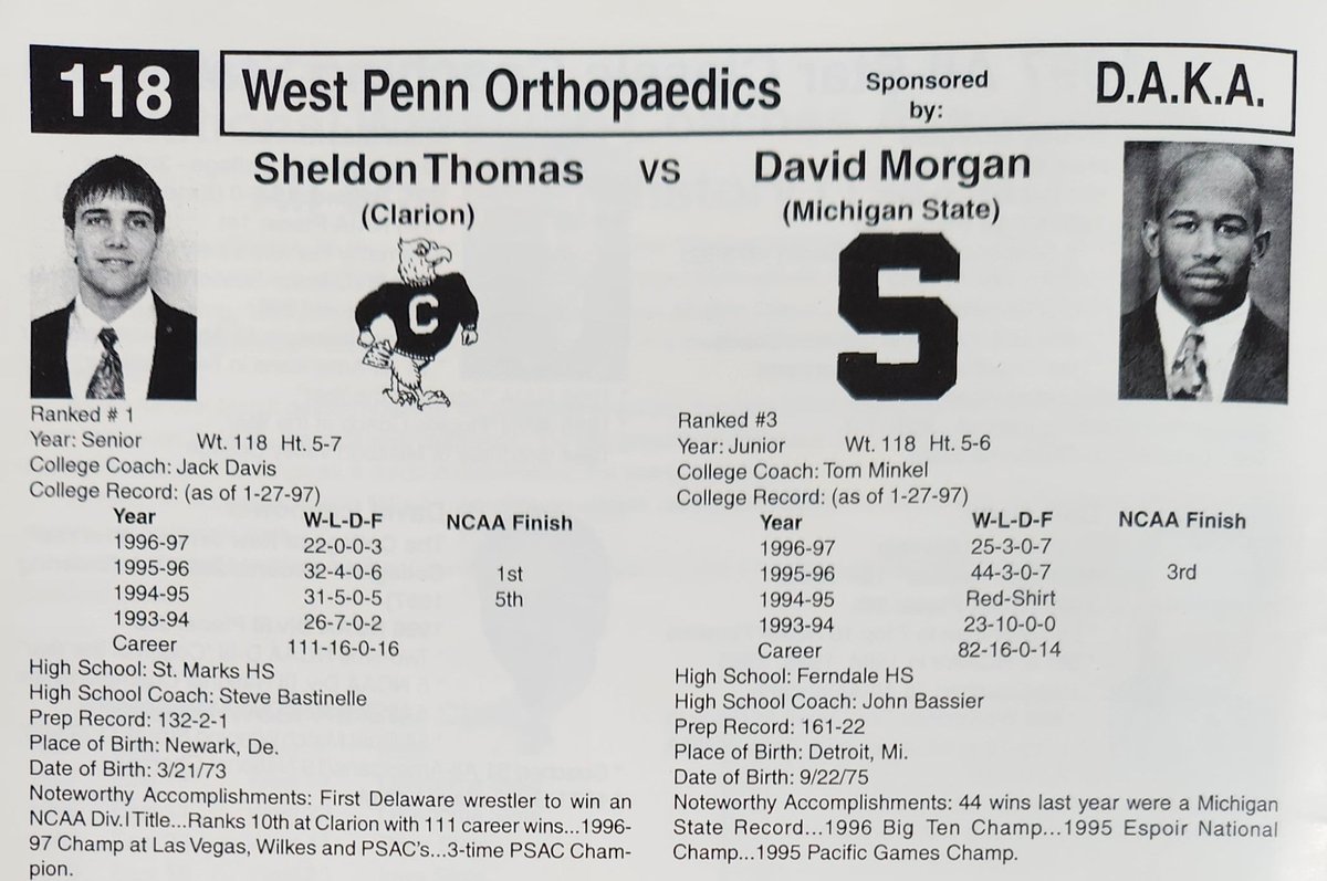 davidmorgan118's tweet image. 1997 NWCA All-Star Classic Match ups.

118 lbs. - 142 lbs.
