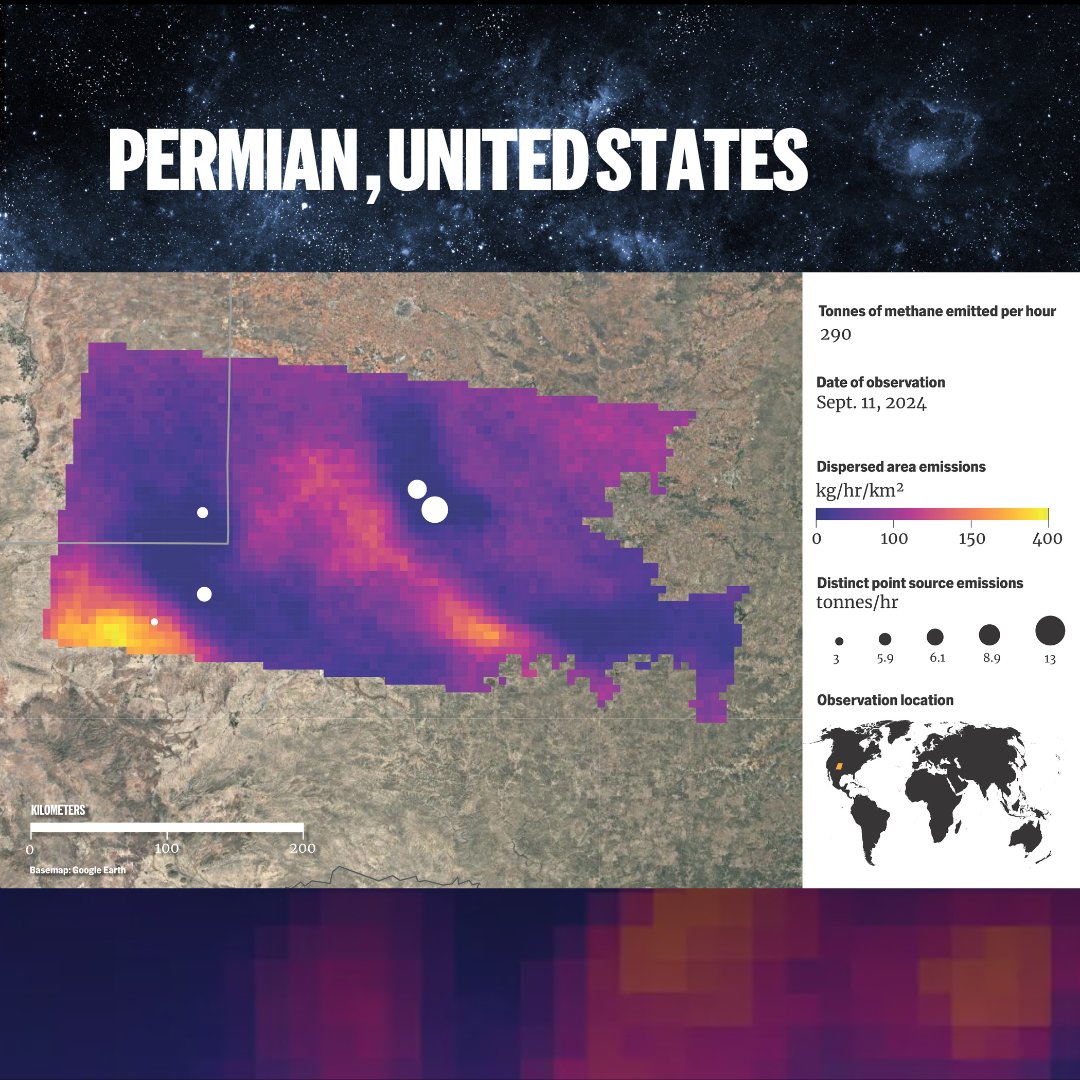 MethaneSAT's tweet photo. NEWS: We just released groundbreaking new high-res images of methane emissions. For the first time, we can see the full picture of emissions over vast oil and gas fields. 👁️🌏