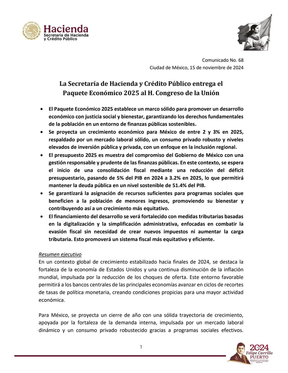 Hacienda_Mexico's tweet image. La Secretaría de Hacienda y Crédito Público entrega el Paquete Económico 2025 al H. Congreso de la Unión.

gob.mx/shcp/prensa/28…

#ComunicadoHacienda