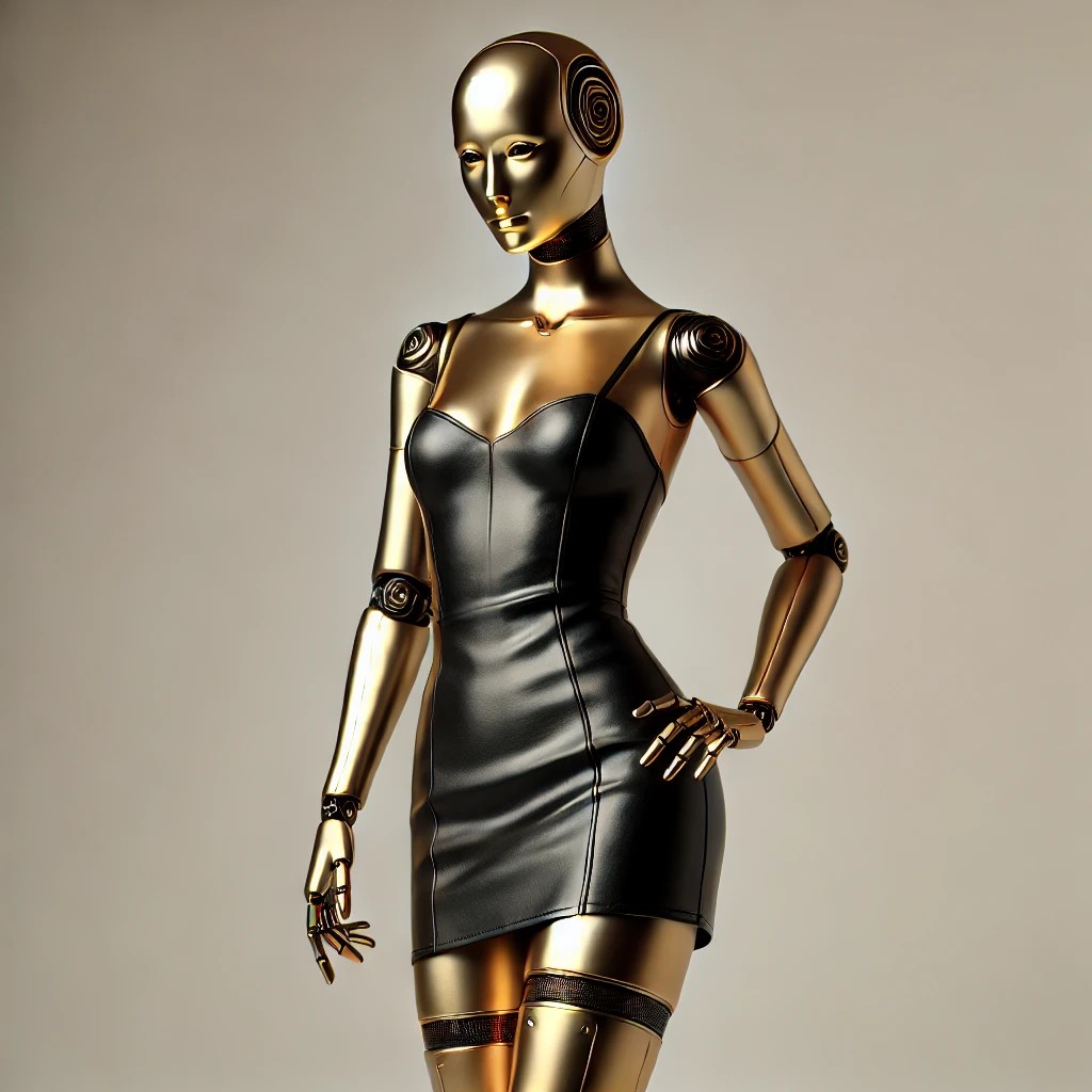 Jackielthequeen's tweet image. Step into the future with this golden humanoid in a sleek black leather mini dress 🤖✨ The perfect fusion of elegance and innovation. #TechFashion #RoboticArt #FuturisticChic #AIStyle #MetallicGlam #CyberFashion #LuxuryRobotics #HighTechGlam #FashionForward #ArtAndTech…
