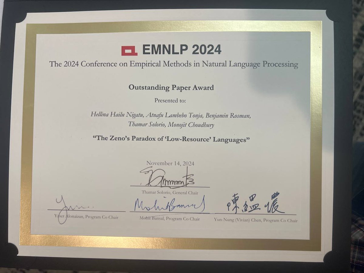 ethionlp's tweet photo. 🎉Congrats to EthioNLP members @HellinaNigatu and @atnafultonja for winning Outstanding Paper Award at @emnlpmeeting for their paper, The Zeno's Paradox of "Low - Resource"  Languages.

And a big congratulations to all @monojitchou @thamar_solorio @BenjaminRosman. https://t.co/3SIoOyOWVq