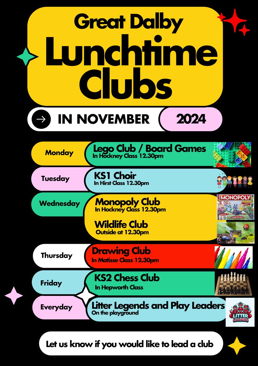 We’re excited to see our children stepping up as leaders to run lunchtime clubs! They’ve planned everything, ordered what they need and made posters to display around school. Clubs start next week. Can’t wait! #PupilLeaders #LunchtimeClubs #ExcitedChildren