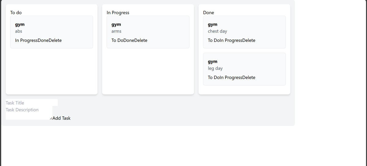 LingarajVPatil's tweet photo. Day 40 of #50Daysofcode
Finally completed Kanban Board project
Add functionality to change between the todo, in progress and done tasks
Also added functionality to delete a task
Need to improve its UI
#LearnInPublic #webdev #WebDevelopmet #React https://t.co/rQGVM3OeEW