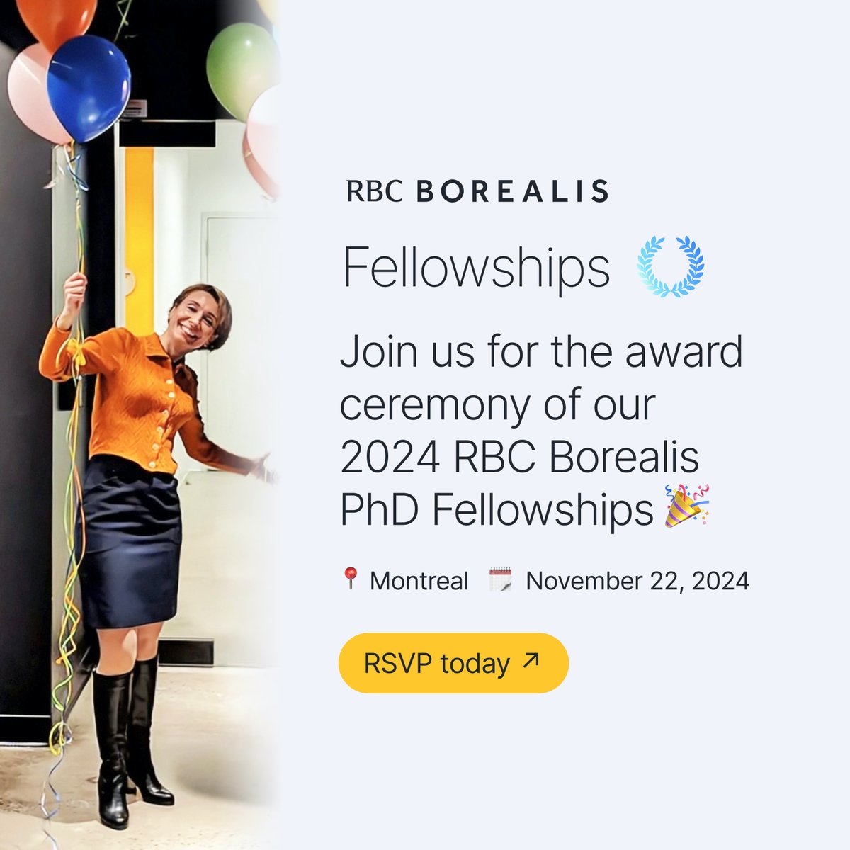 Excited to host the 2024 <a href="/RBCBorealis/">RBC Borealis</a>  #fellowships   awards in #Montreal  (Nov. 22nd @ 5.00pm). Join us for the the awards, a keynote from Jackie Cheung, Associate Professor &amp; Canada <a href="/CIFAR_News/">CIFAR</a>  #AI Chair at <a href="/Mila_Quebec/">Mila - Institut québécois d'IA</a>  and networking.

Register here: lu.ma/x0m4f4sa