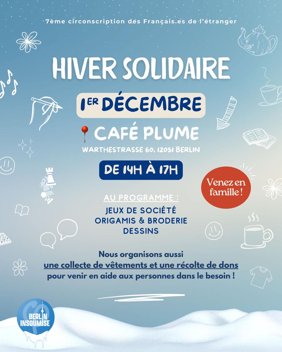 Berlininsoumis1's tweet photo. À vos jeux, prêts, partez ! Auf die Spiele, fertig, los !

Berlin Insoumise lance son Hiver Solidaire
📅 Dimanche 1er décembre
⏰ de 14h à 17h
🏠 Café Plume, Warthestraße 12051 Berlin-Neukölln https://t.co/ztKblCiDEU