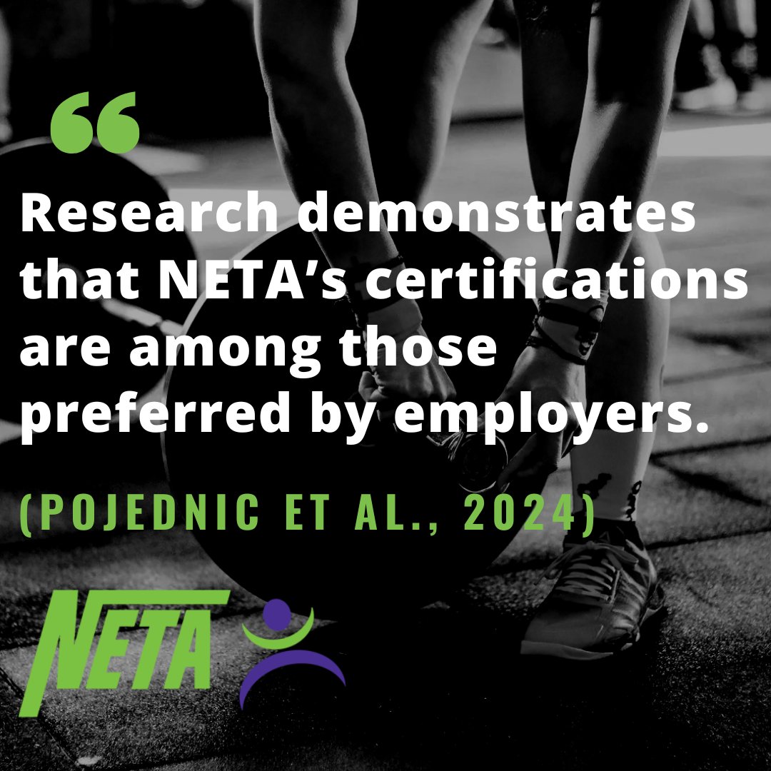 NETAFIT's tweet image. Get Certified with NETA!

Research shows that NETA’s certifications are among the top preferred by employers (Pojednic et al., 2024). Ready to enhance your fitness career? Visit netafit.org to start your journey today!

#NETACertified #FitnessCareers