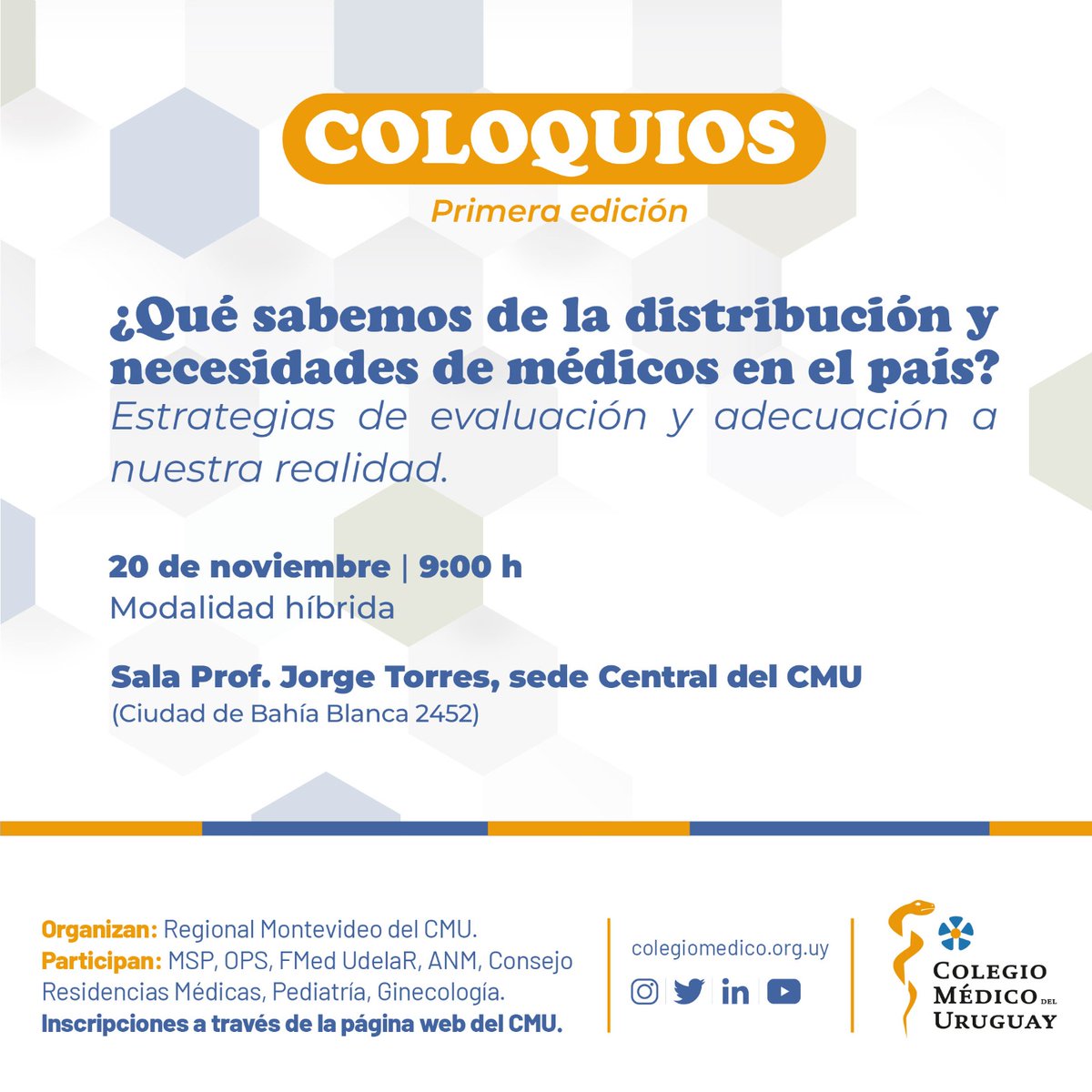 Presentamos la primera edición del ciclo “Coloquios”. En esta oportunidad, abordaremos la temática enfocada en la distribución de especialistas en el país.
🗓️ Miércoles 20 de noviembre - 9:00 horas
📍Sede central del CMU
▶️ Inscripciones: colegiomedico.org.uy/calendario/col…