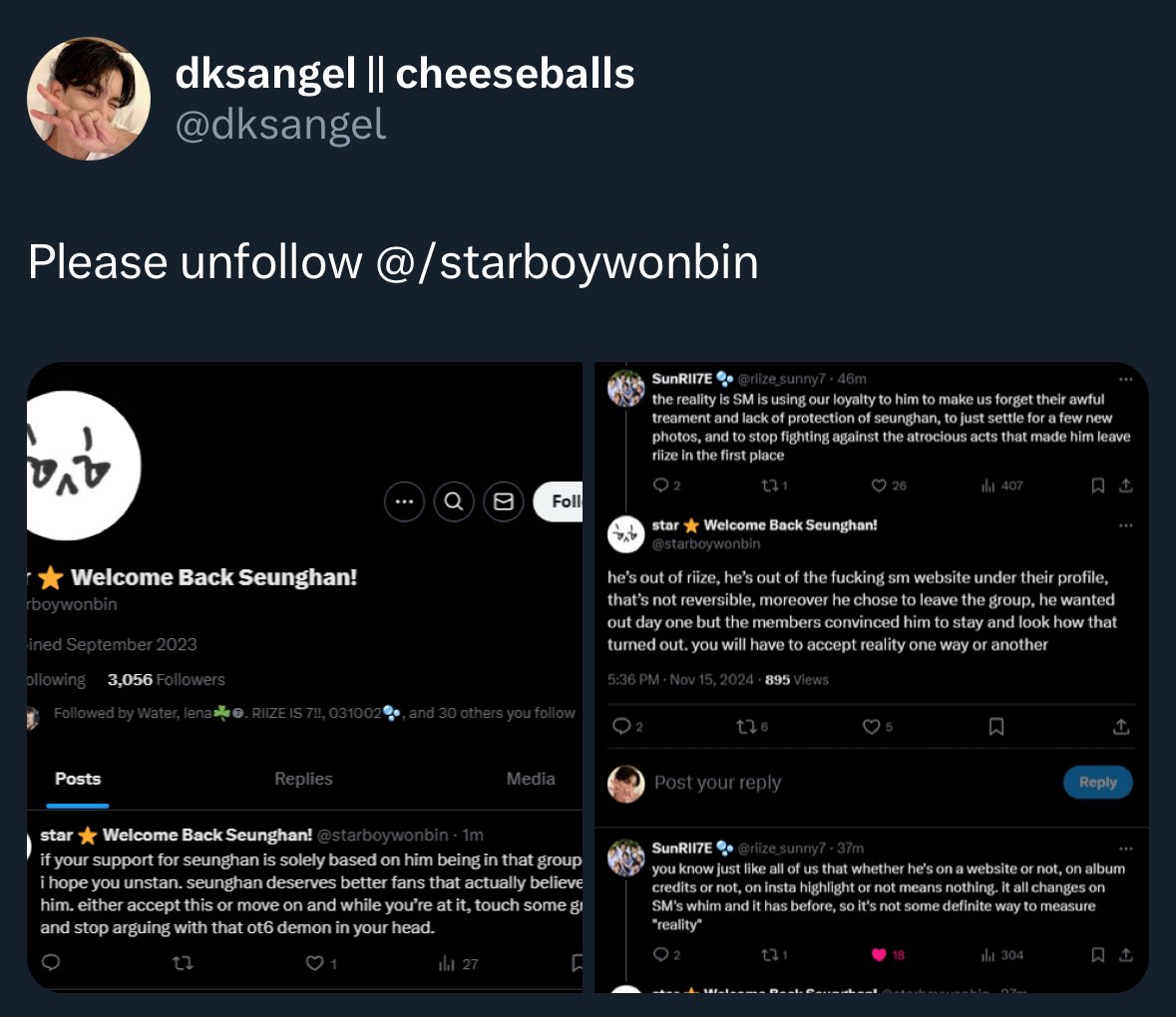 yes please unfollow me!! i simply do not give a fuck anymore, if you’re not all in for supporting seunghan then please block me as i will be positive and i will uplift him in his future career as a soloist! while you’re at it, stop spamming my replies to with your hashtags. byeee