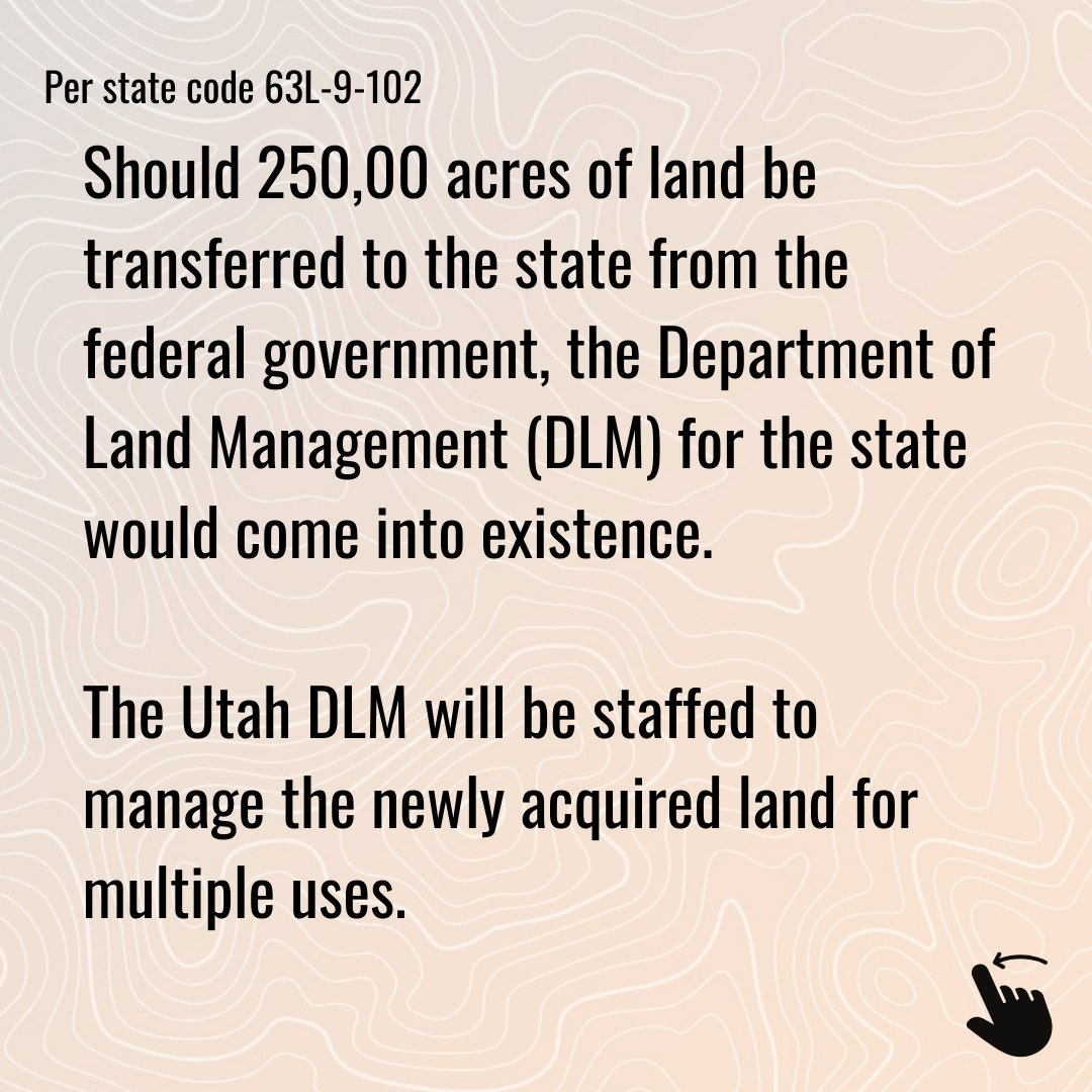 Stand4OurLandUT's tweet photo. We recognize that the public has questions and concerns about the future of public lands in Utah. Stay tuned as we address common questions.

Per state code 63L-9-102, the Department of Land Management would come into existence if Utah receives 250,000+ acres of federal land. https://t.co/ZfIIqwsb8k