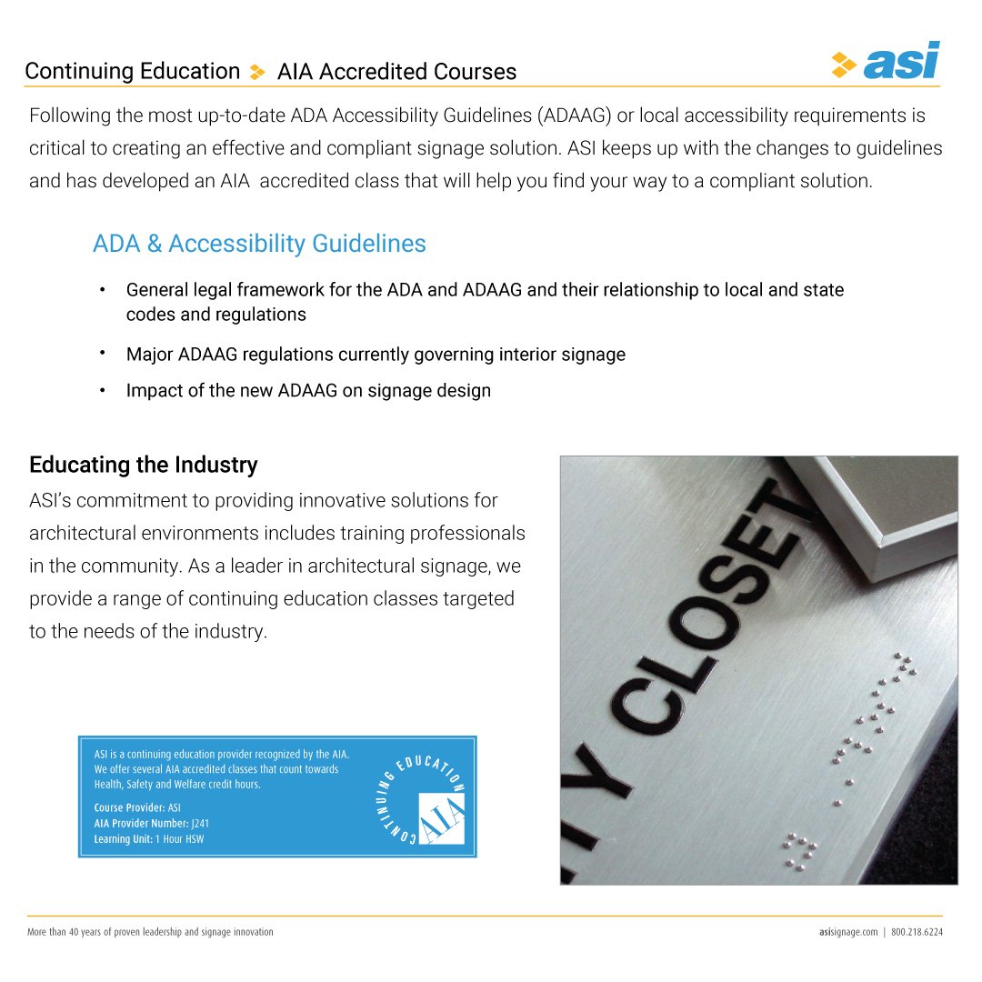 ASI_Signage's tweet photo. Need ADA compliant signage? ASI Signage has you covered! Contact our team of experts for a consultation or to receive a copy of the ADA Accessible Signage summary. Architect or designer, schedule your CE lunch and learn and earn CEC. Call 1.800.218.6224 for assistance. https://t.co/tkeSglxe9l