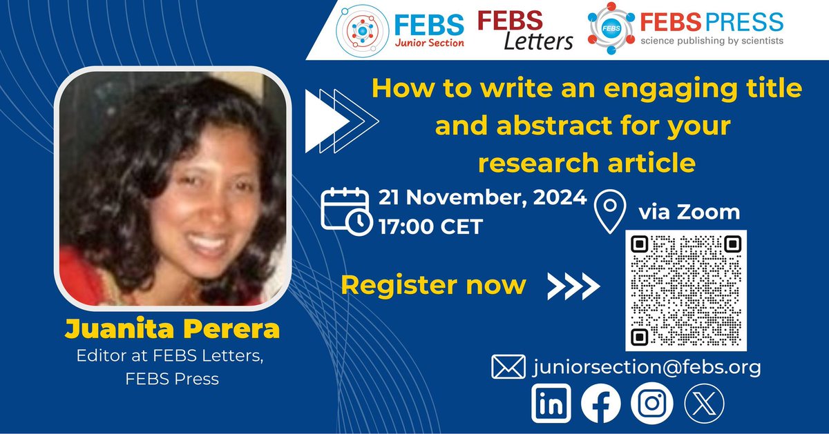 📣Zaznaczcie w swoich kalendarzach nasz następny wykład z serii "monthly talks" 🤩
📌Temat: Jak napisać angażujący tytuł i streszczenie artykułu naukowego
🎙️Prelegent: dr Juanita Perera, redaktor FEBS Letters, FEBS Press
🗓️Data i godzina: 21 listopada 2024, 17:00 (CET)