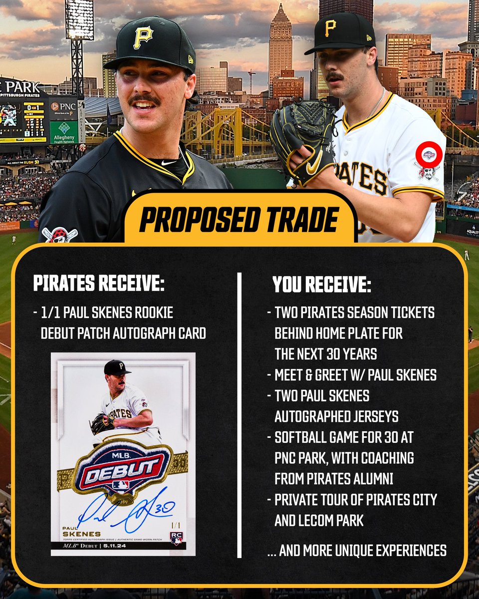 The Pittsburgh Pirates just offered season tickets behind home plate for 30 YEARS in exchange for the Paul Skenes 1/1 Rookie Debut Patch Autograph card…

Would you accept this offer?? 🤔