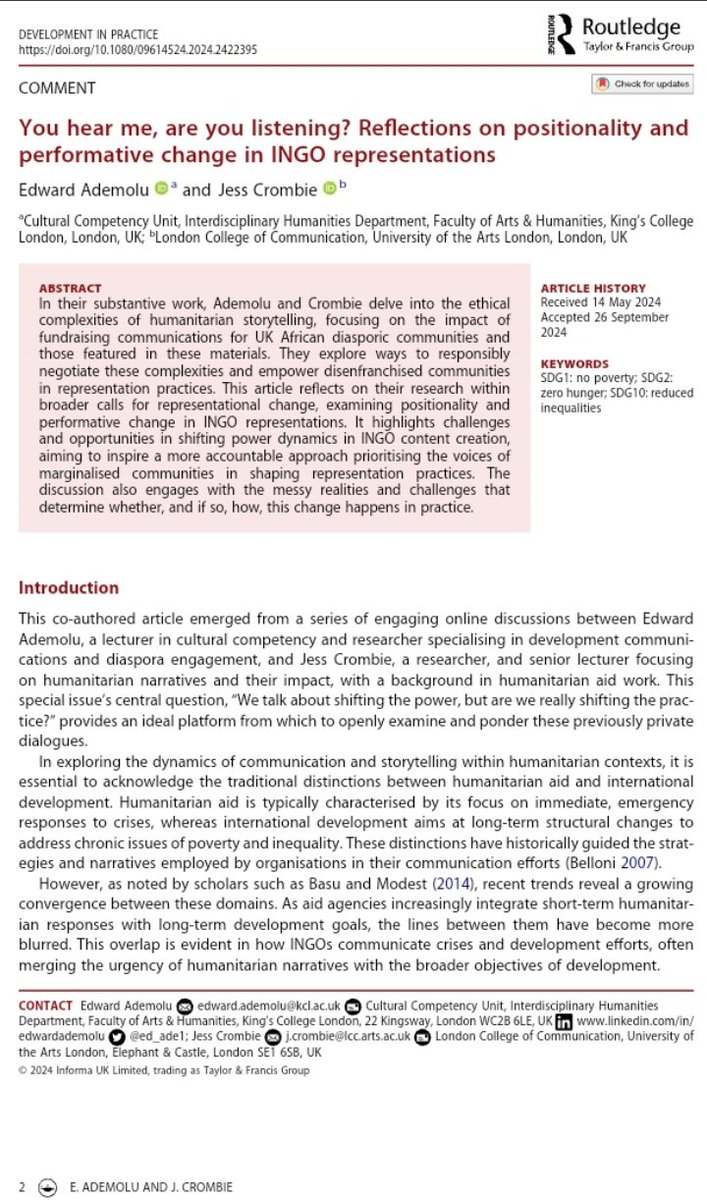 ed_ade1's tweet image. 1/6 "You Hear Me, Are You Listening?" The amazing (&amp;amp; forever inundated) @JessCrombie, &amp;amp; I, wrote a 🤏🏾  something on #ShiftingthePower in #DevComms for @DipDsaa thematic issue. My Raven Symonè visions tell me this is merely one of many collabs to come 🤔 tandfonline.com/eprint/H7T5FF7…