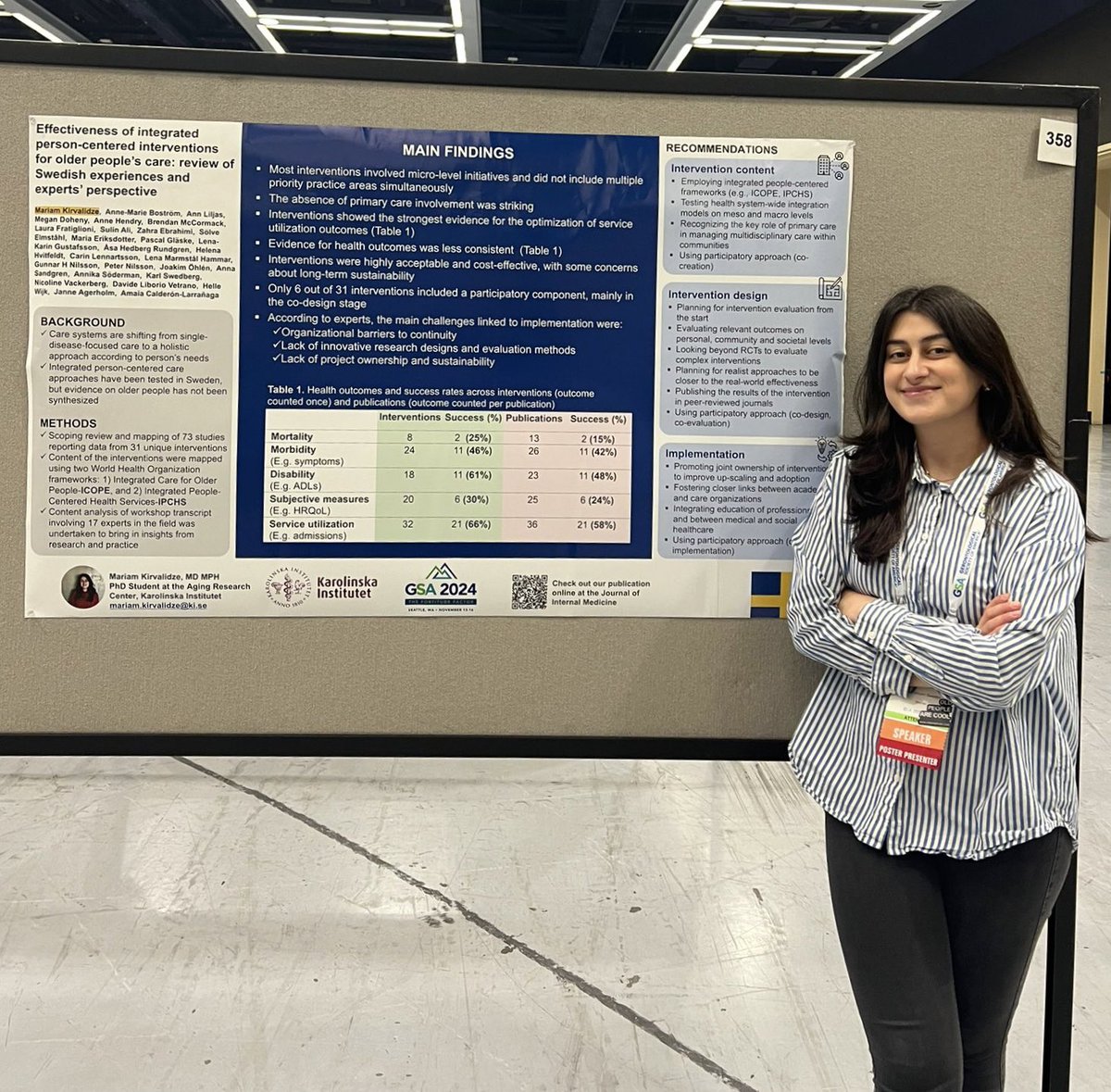 Mariam Kirvalidze (@mariamkirva) on Twitter photo Our scoping review on integrated, person-centered care interventions for older people in Sweden at #GSA2024 <a href="/geronsociety/">Gerontological Society of America (GSA)</a> annual meeting in Seattle.
Paper link: doi.org/10.1111/joim.1…
<a href="/ARC__KI/">Aging Research Center</a> <a href="/karolinskainst/">Karolinska Institutet</a> <a href="/AmaiaCalderon/">Amaia Calderón-Larrañaga</a> Our scoping review on integrated, person-centered care interventions for older people in Sweden at #GSA2024 <a href="/geronsociety/">Gerontological Society of America (GSA)</a> annual meeting in Seattle.
Paper link: doi.org/10.1111/joim.1…
<a href="/ARC__KI/">Aging Research Center</a> <a href="/karolinskainst/">Karolinska Institutet</a> <a href="/AmaiaCalderon/">Amaia Calderón-Larrañaga</a>