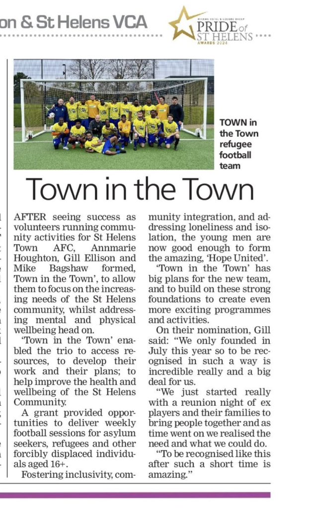 sthelenstownfc's tweet photo. Our community arm ‘Town in the Town’ have been nominated for an award at this year’s @prideofsthelens awards. A real credit to the club and the town. It’s great recognition for the hard work they put in. Good luck guys💙
#TownTeamTogether #FootballForAll https://t.co/PpIzHeT30h