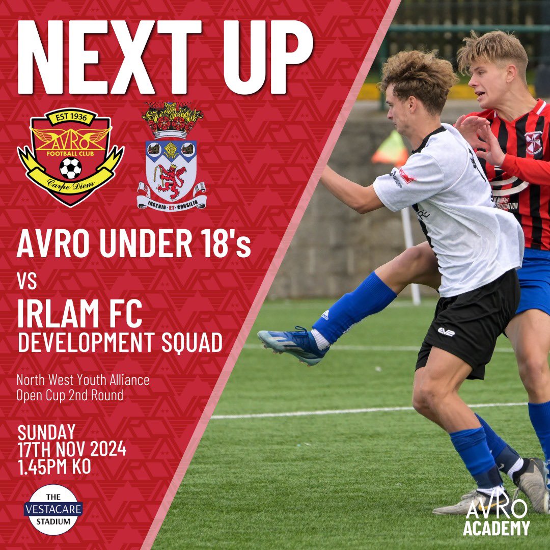 AvroFCJuniors's tweet photo. Our U18’s are at home this Sunday in the open cup!
Entry is free, it would be great to see some of you there!
#AvroFC #TheFutureIsFlying https://t.co/YGLkrhM6Yx