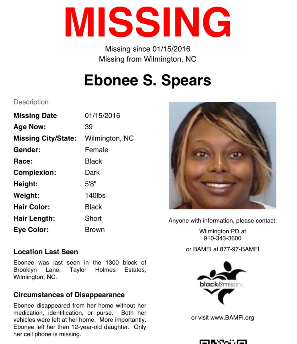 BAM_FI's tweet photo. #Wilmington, #NC: 39y/o #EboneeSpears is STILL MISSING. She was last seen at Taylor Holmes Estates on Jan 15, 2016. 

She disappeared from her home w/o her medication, ID, purse &amp; cars, leaving behind her then 12y/o daughter; Only her phone is missing. 

#HelpUsFindUs https://t.co/Vtj67xmbVM