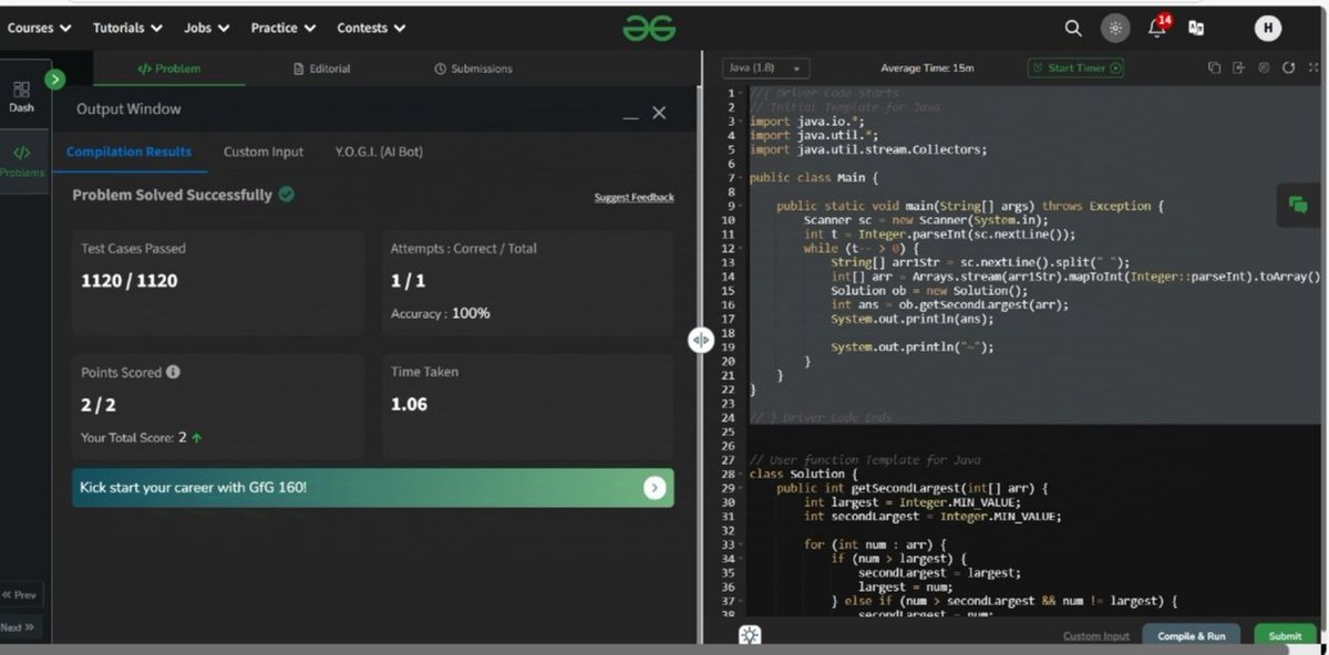 MHamsika's tweet photo. Embarking on a journey to master Data Structures and Algorithms! Excited to strengthen my problem-solving skills and explore the foundations of efficient programming."
Day 1 : 15/11/24
Problem: Second Largest 
#gfg160 #geekstreak2024 
#geeksforgeeks160challenge https://t.co/Qk6QXbty7h