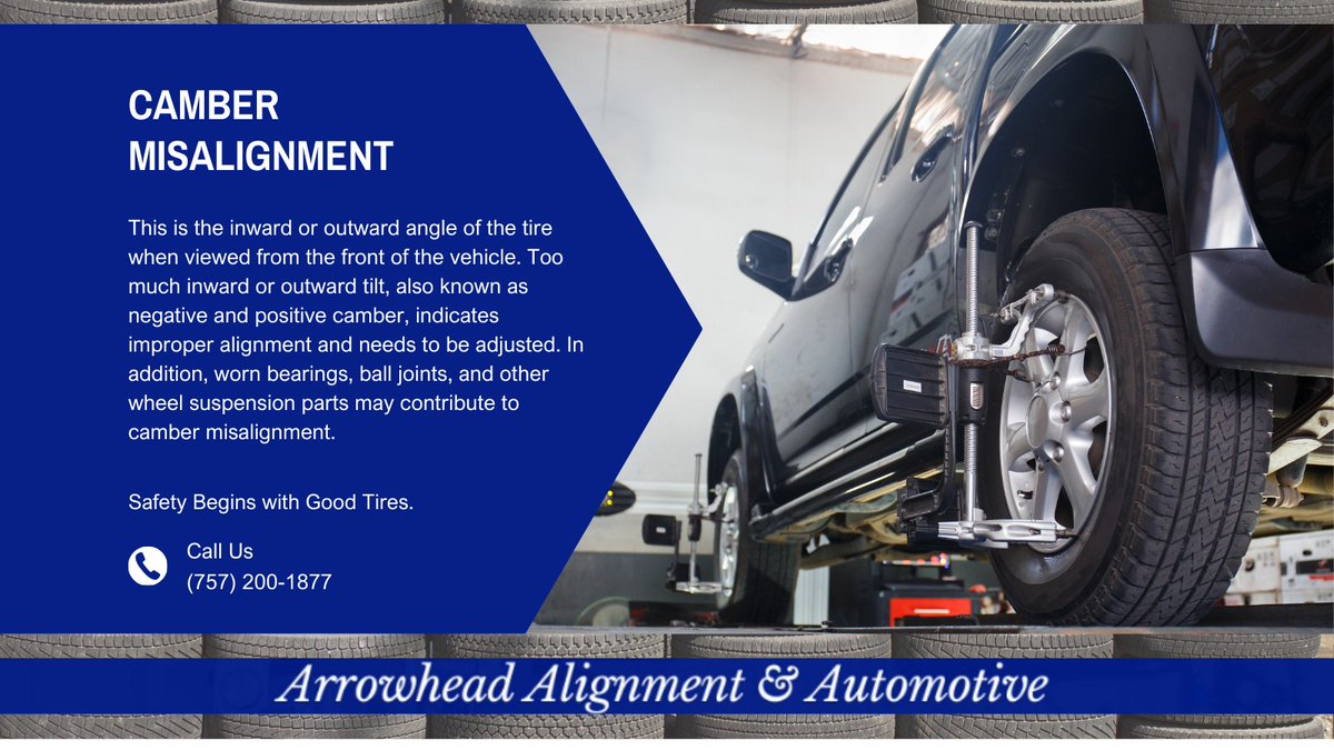 arrowhead_align's tweet image. Is your vehicle pulling to one side or showing uneven #tirewear? It could be a #cambermisalignment! This occurs when tires tilt inward or outward, causing poor handling and premature wear. Get a professional #alignmentcheck at Arrowhead Alignment &amp;amp; Automotive! 🚗💨