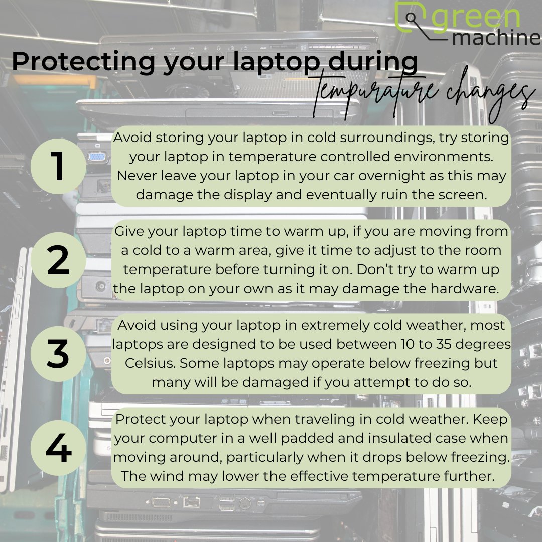 greenmachine247's tweet image. With colder days settling in, it's time to think about protecting your laptop.🥶❄️ Extreme cold can harm your device’s battery life, screen, and internal components, so here are a few tips to keep it safe. 🧊🌡️
#WinterLaptopCare #TechProtection #ColdWeatherTips