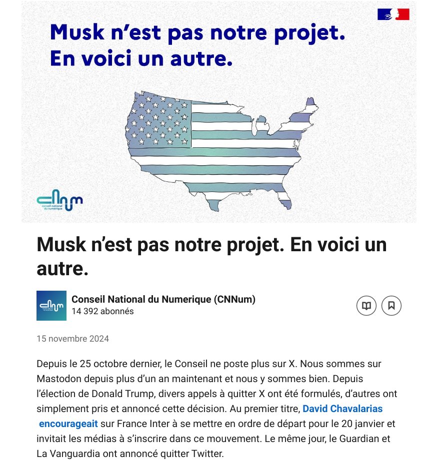 Le  Conseil National du Numérique ne poste plus sur X
Vous pouvez le retrouver sur Mastodon (sur l'instance de notre ministère) où il y est bien
- Explication :
cnnumerique.fr/lettre-dinform…
- CNNum sur Mastodon
mastodon.mim-libre.fr/@CNNum
- LeLibreEdu sur Mastodon
mastodon.mim-libre.fr/@lelibreedu