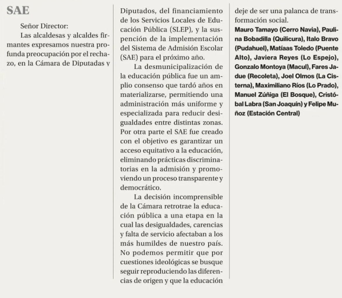 Compartimos la reflexión de nuestro alcalde <a href="/joelcisternino/">Joel Olmos Espinoza</a> junto sus pares firmantes, ya que la Cámara de Diputadas y Diputados rechazó el financiamiento de los Servicios Locales de Educación Pública (SLEP). Lamentamos esta votación, ¡y no permitiremos que avance este revés!