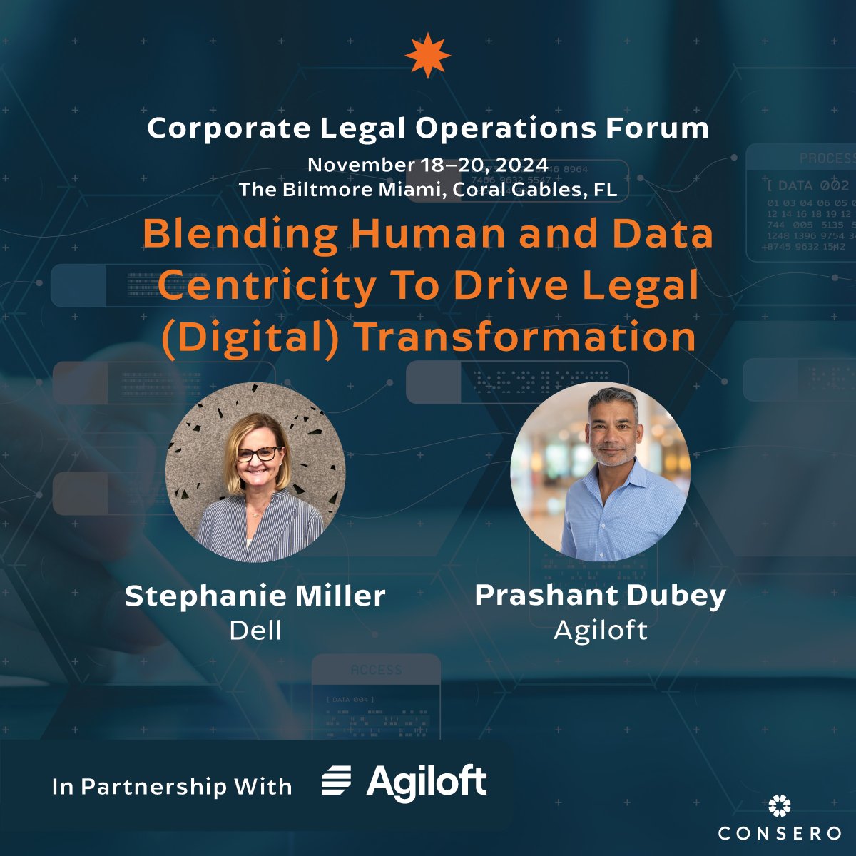 Will we see you at Consero's Corporate Legal Operations Forum next week in Coral Gables? ☀️🌊   

If so, be sure to join Agiloft's Prashant Dubey for his session, "Blending Human and Data Centricity to Drive #Legal (Digital) Transformation." 

See you there! 👋