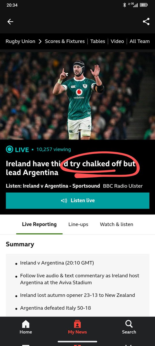 Shauny_B_'s tweet photo. Is the @BBCSport using soccer journalists for rugby again? To be 'chalked off', it must have been added on in the 1st place. The try was never awarded. #IREvARG https://t.co/KTqw3XGCAW