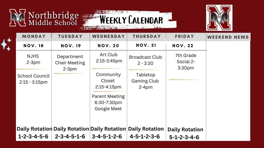 Weekly Calendar 11/18 - 11/22