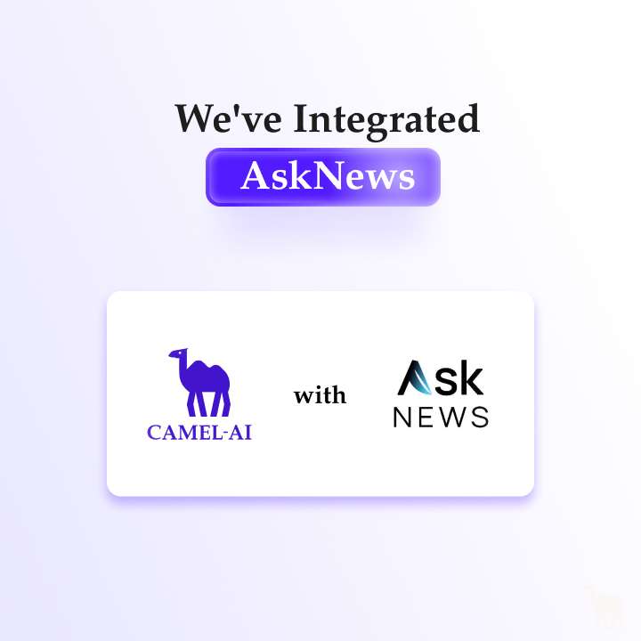 CamelAIOrg's tweet photo. 📢 We've integrated the @AskNewsApp toolkit into the 🐫 CAMEL framework!
This powerful toolkit integrates with our agents to provide real-time global and historical news through simple queries, with @AskNewsApp enriching over 300,000 articles daily. 🗞️🚀
Thanks to our contributor @ttokzzzzz for this significant enhancement! 🤝 Explore more here: https://t.co/6kMHF2udPv.