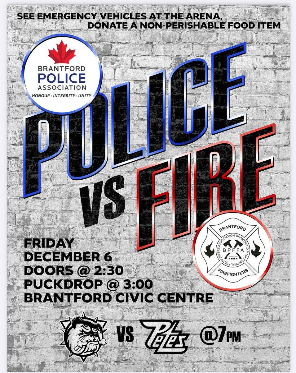 BrantfordPFFA's tweet photo. 🚨🏒 Police vs Fire Charity Hockey Game 🏒🚒

📅 Dec 6 | 📍 Brantford Civic Centre

Join us as Brantford’s finest face off to support the Brantford Food Bank.🎁 Bring non-perishable donations &amp; help make sure no one goes hungry this holiday season!

#PoliceVsFire @BulldogsOHL https://t.co/DzDQq3cB7v