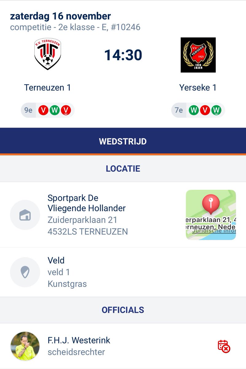 WesterinkF's tweet photo. Morgen weer naar Terneuzen. Ditmaal naar de @vvterneuzen. Terneuzen en @VVYerseke beide nog niet eerder gefloten.  

🆚 Terneuzen - Yerseke 
📆 17 november 
🏆 competitie  
🕐 14:30
🏟️ Sportpark de Vliegende Hollander
🚗 Zuiderparklaan  21 Terneuzen

#knvb #scheidsrechter https://t.co/ujHzRU6XY8