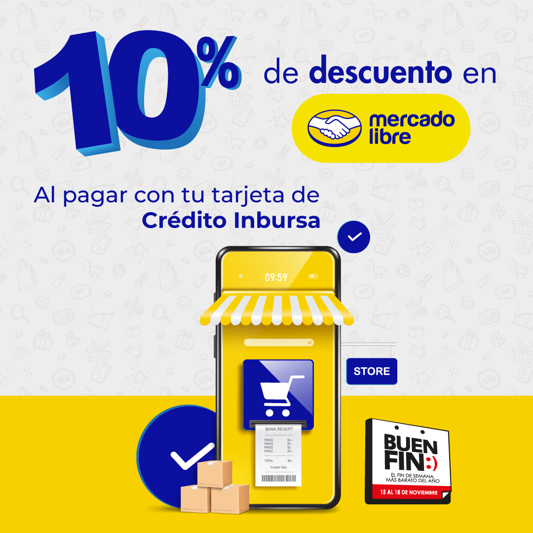¡Aprovecha y compra al mejor precio! 🛒✨

Del 15 al 18 de noviembre, al pagar tus compras  en Mercado Libre con tu tarjeta de crédito Inbursa, usa el código INBURSA24BF. 🛍️🎉

Conoce más 👉 bit.ly/buenfin-inbursa